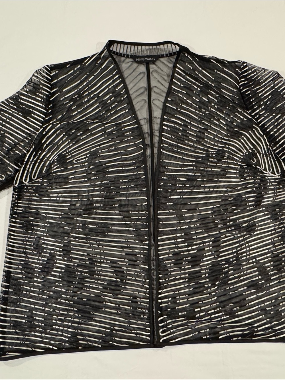Ming Wang Sheer Mesh Ribbon Stripe Open Front Jacket Cardigan | Black Silver
